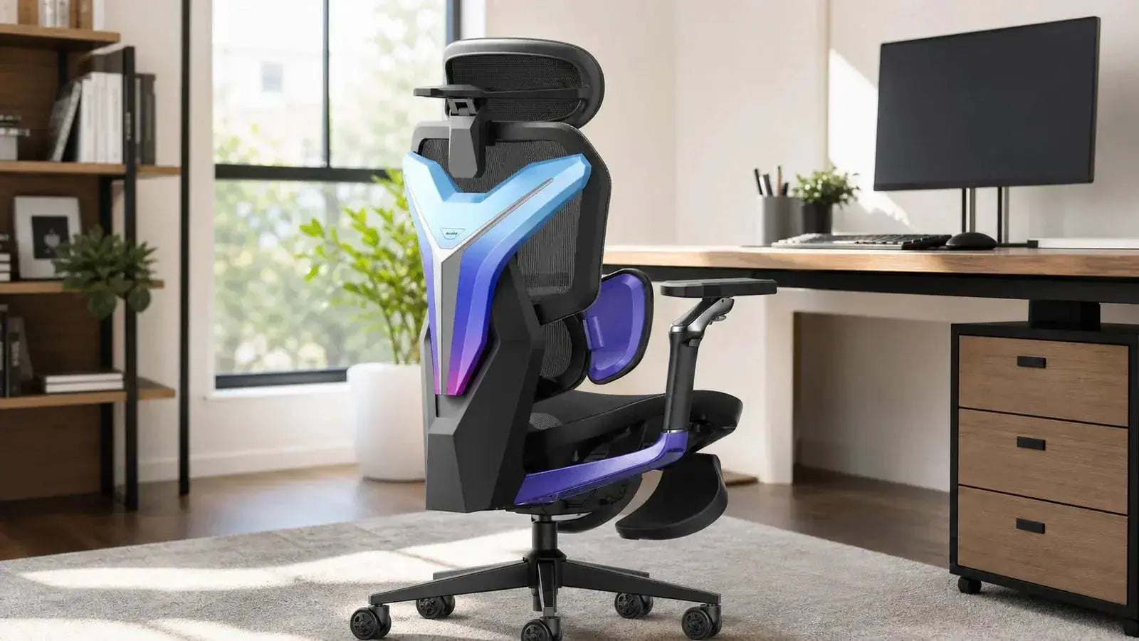Empty ergonomic gaming chair with an open rear frame and blue-purple V-shaped back shell in a bright home office