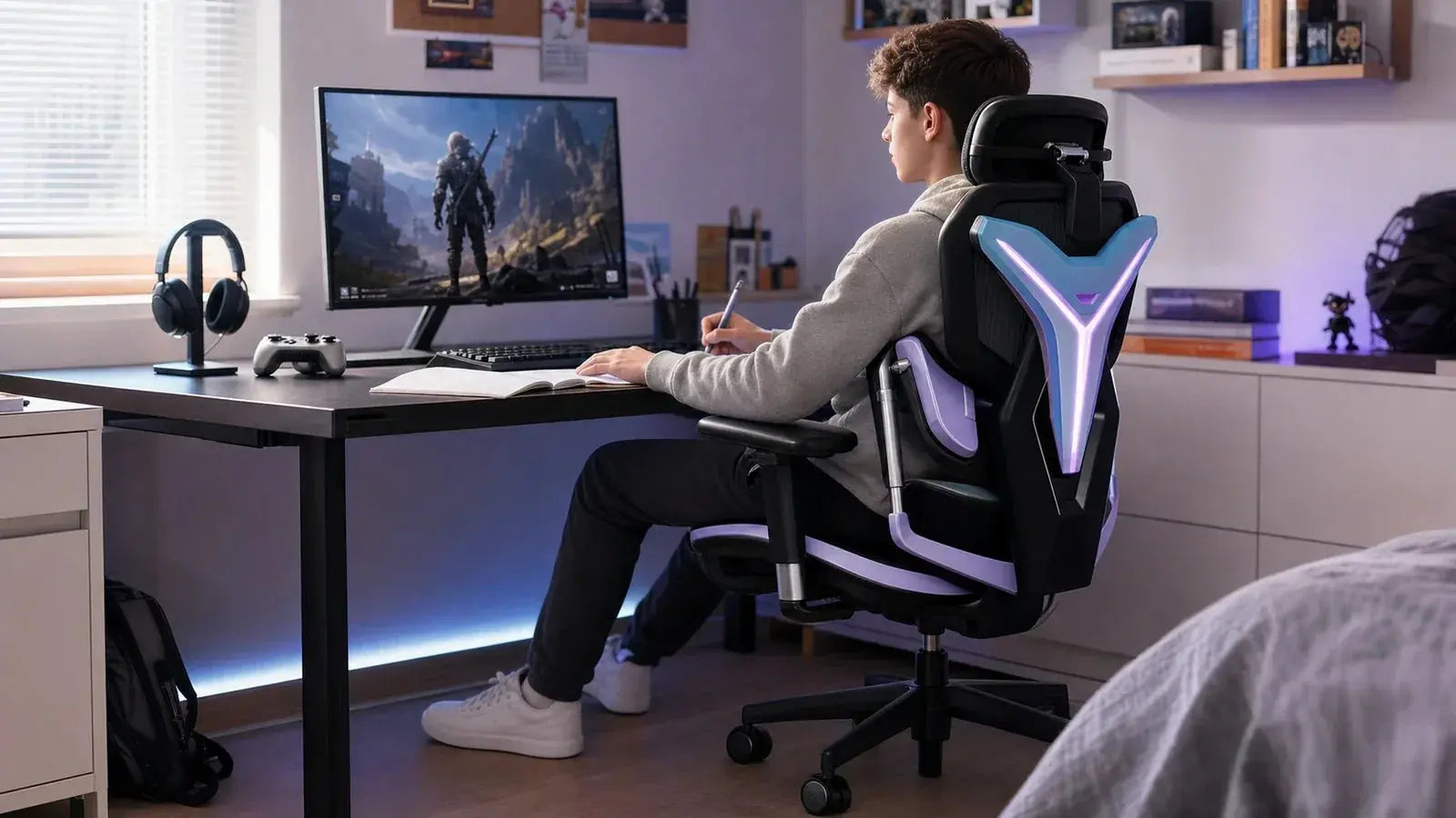 Teenager using a black and purple RGB gaming chair at a gaming and study desk