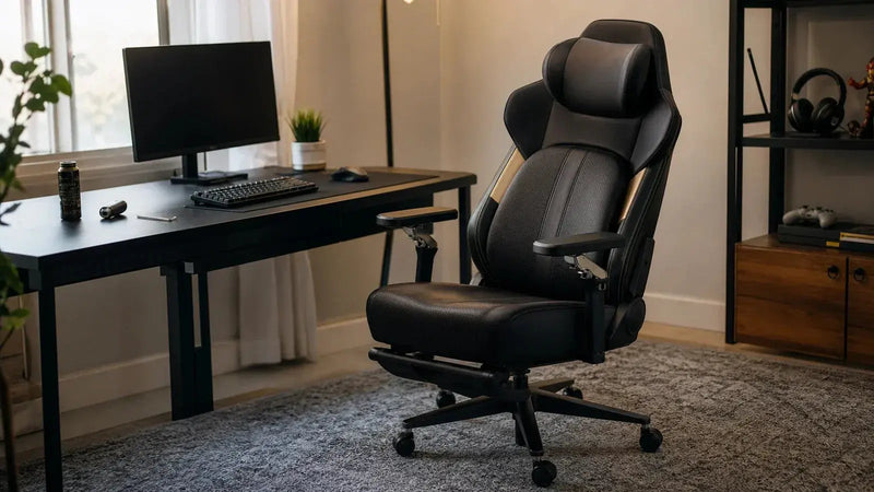 A black gaming chair stands beside a desk and monitor in a softly lit home gaming room with a wrench on the desk