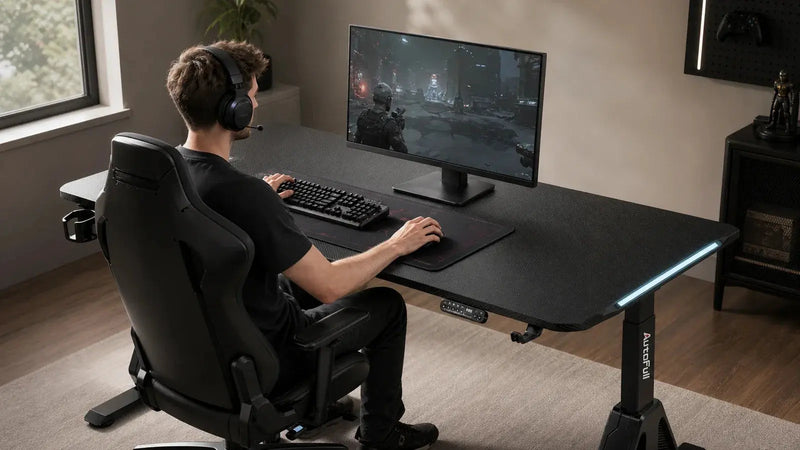 Seated gamer using a black height-adjustable gaming desk with a monitor and extended mousepad in a bright room