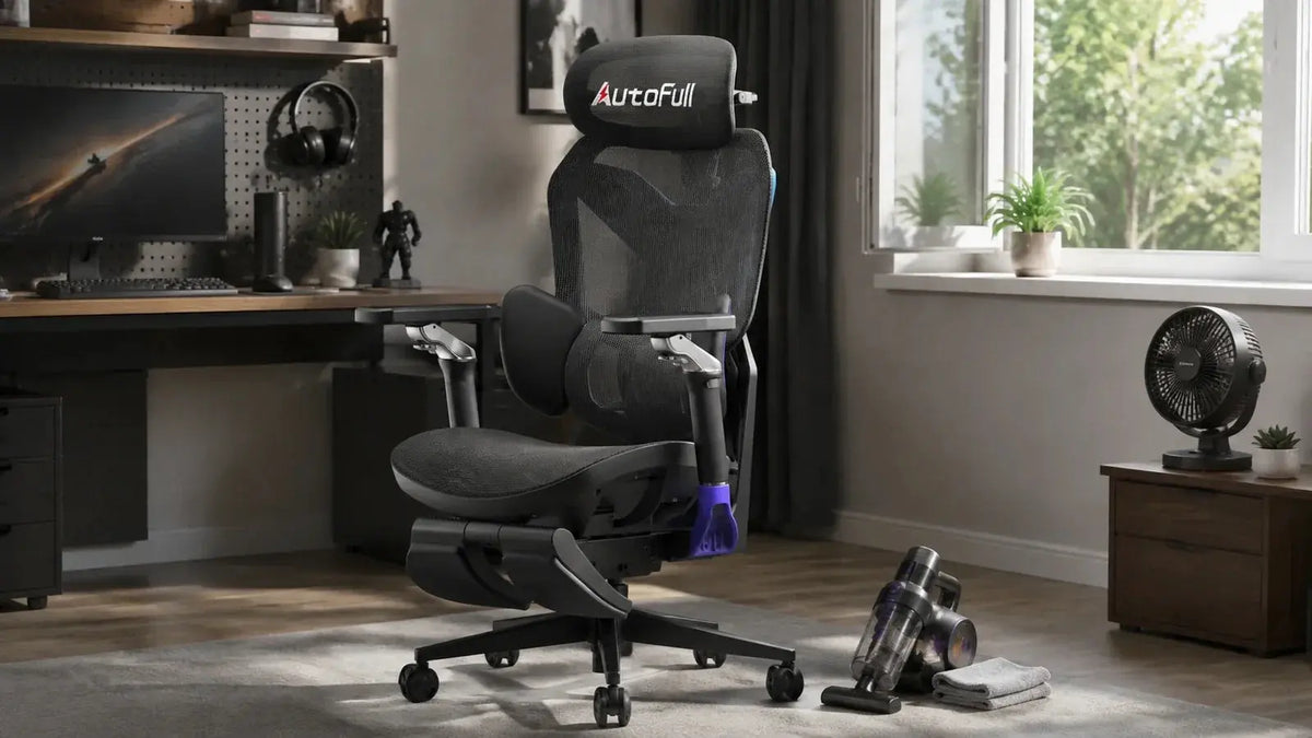 AutoFull ergonomic gaming chair in a ventilated home office beside a fan and open window