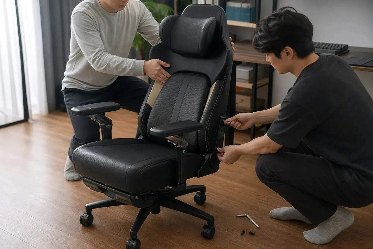 Two people support and fasten a black gaming chair backrest between the seat brackets in a bright home office