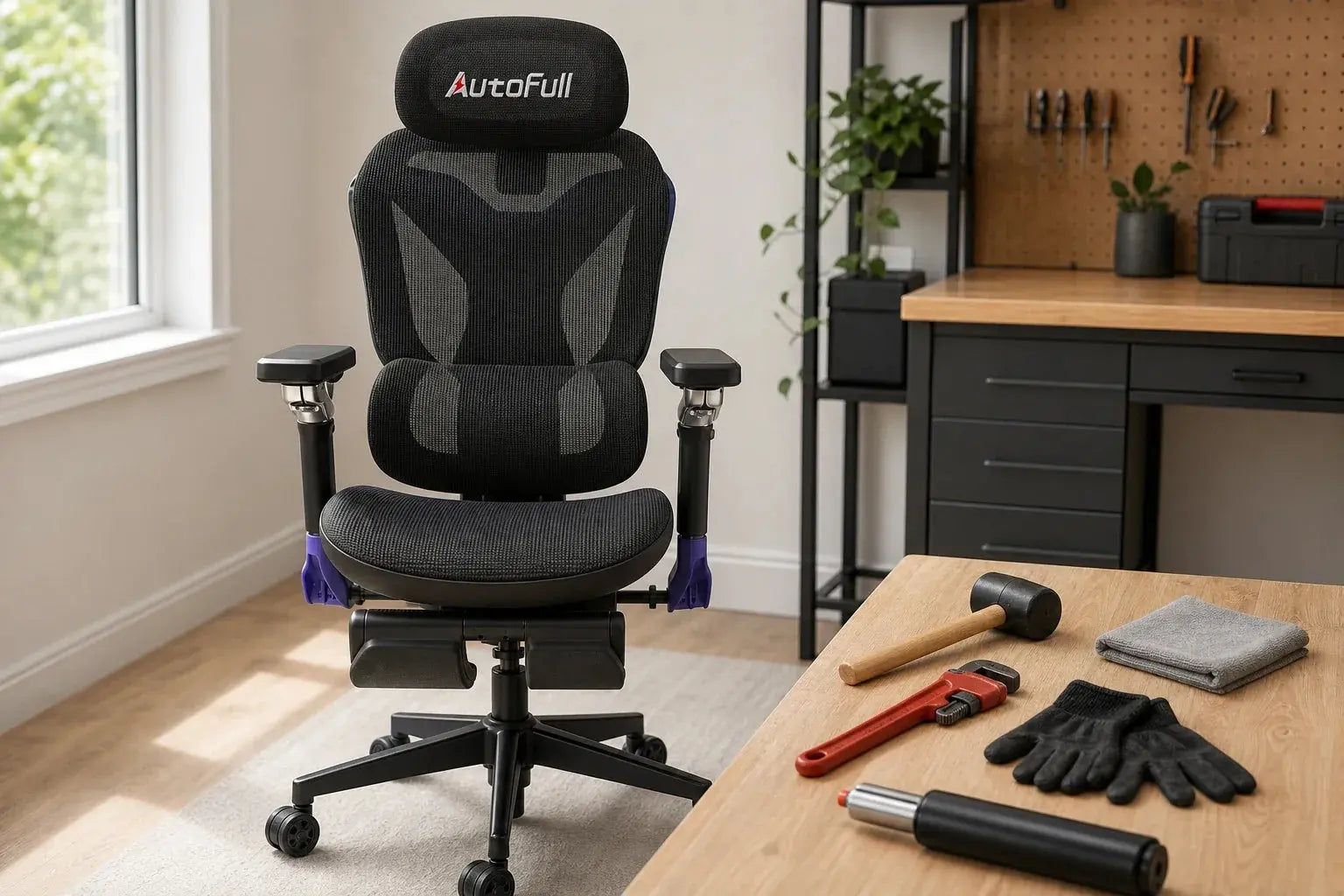 Front view of a black AutoFull ergonomic gaming chair at a home office desk