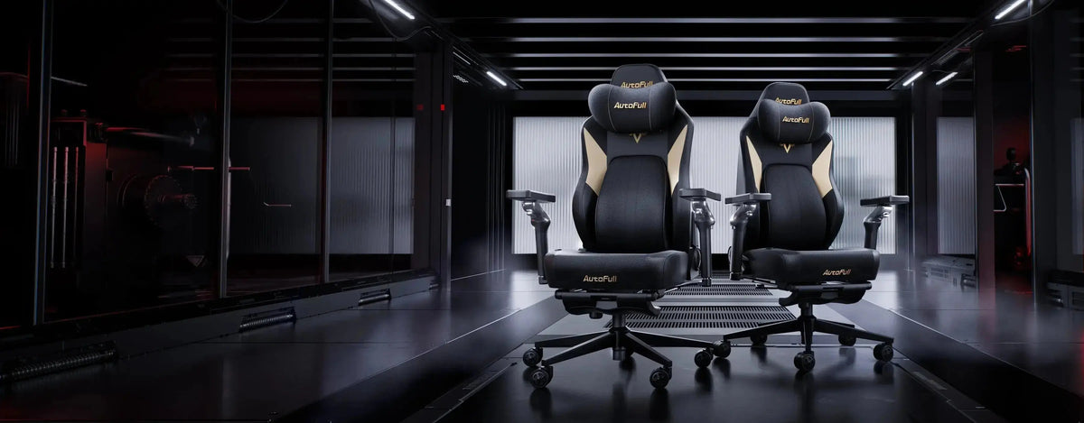 Two black gaming chairs displayed in a futuristic gaming room
