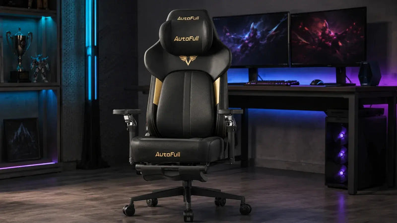 AutoFull black and gold heavy-duty gaming chair in an esports room setup