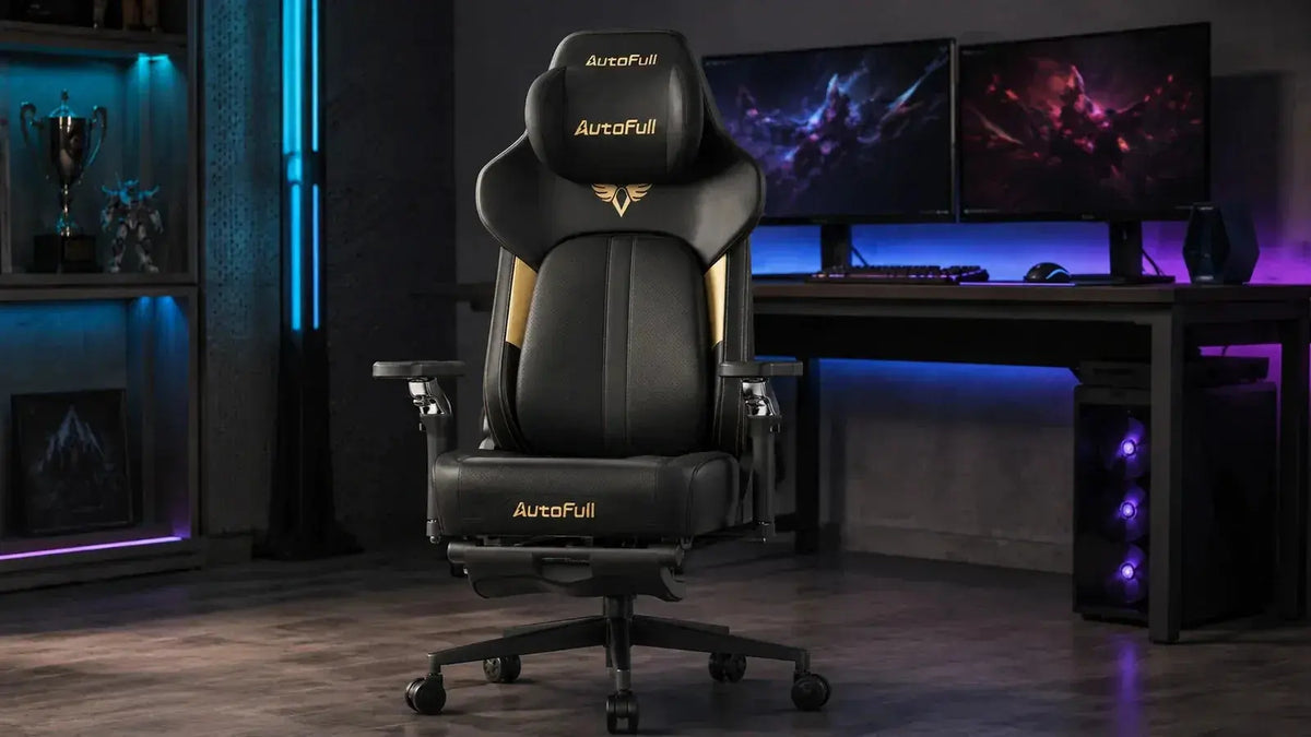 AutoFull black and gold heavy-duty gaming chair in an esports room setup