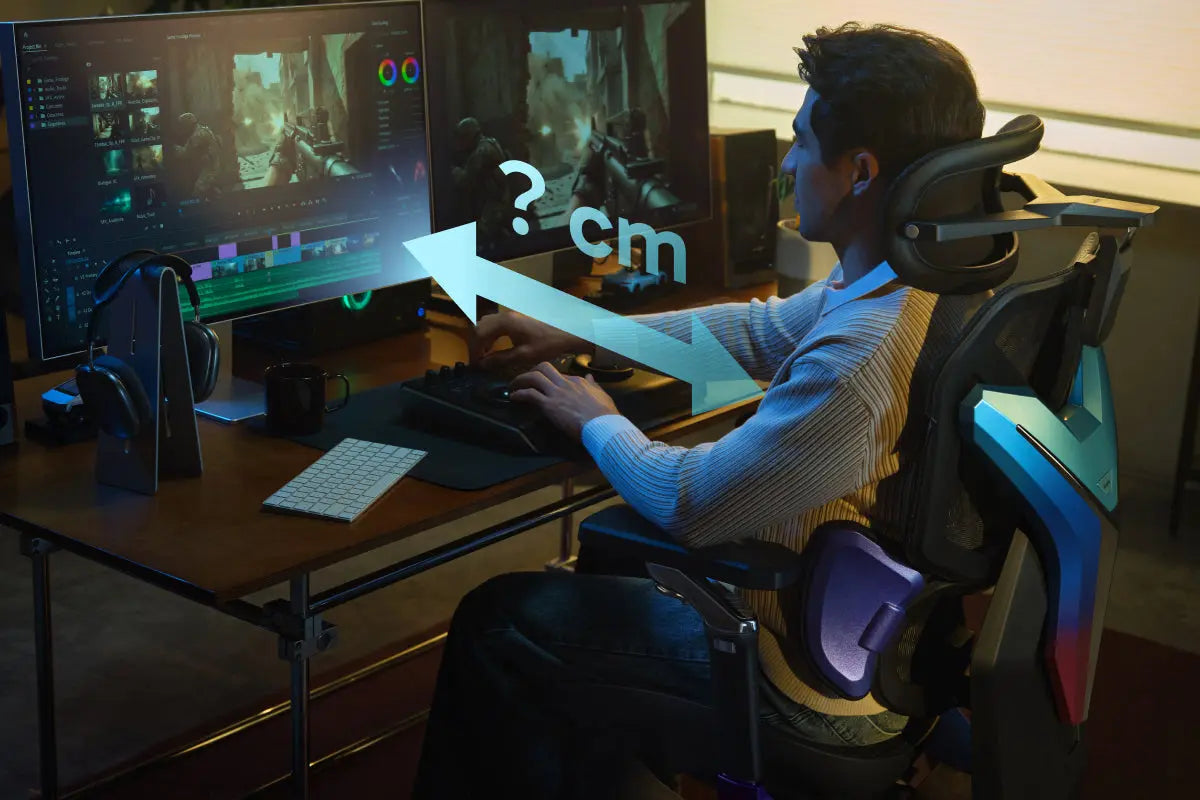 Ergonomic gaming chair setup showing proper monitor distance and chair height alignment