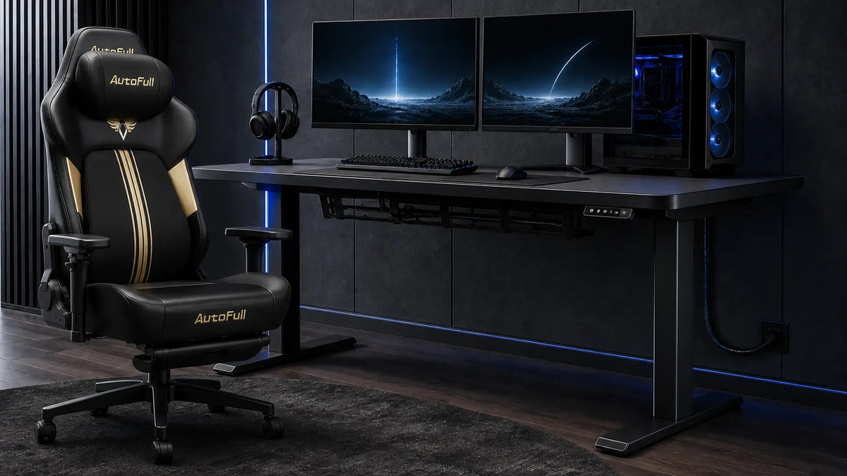 AutoFull black and gold gaming chair beside a smart gaming desk with hidden cable management