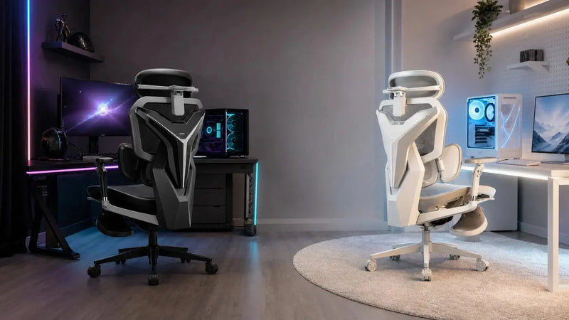 Black and white AutoFull G7 gaming chairs in contrasting gaming setups