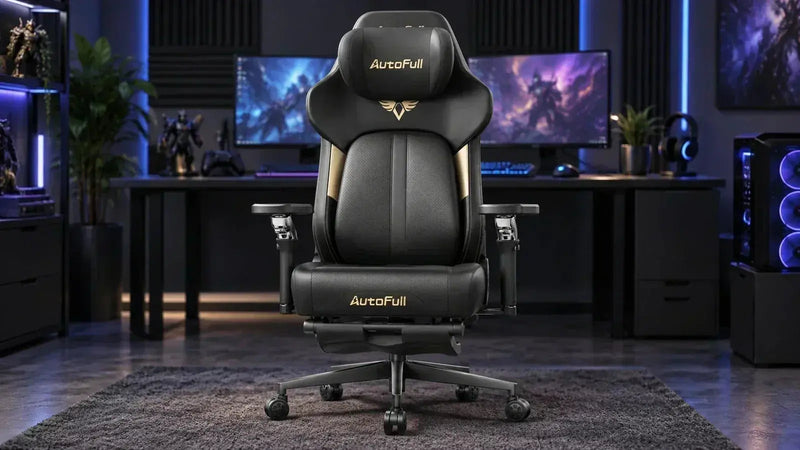 Front-facing black and gold AutoFull gaming chair centered in a blue-lit esports room