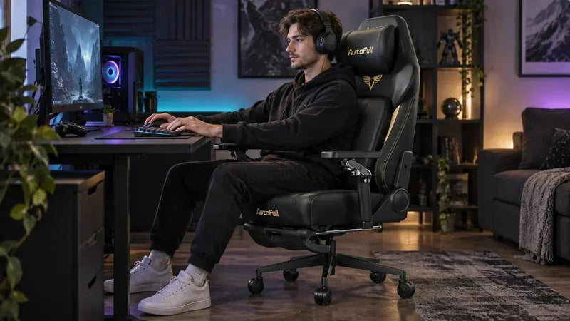 AutoFull gaming chair with a player at a dark esports desk setup