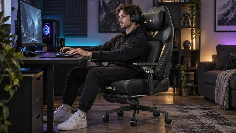 AutoFull gaming chair with a player at a dark esports desk setup