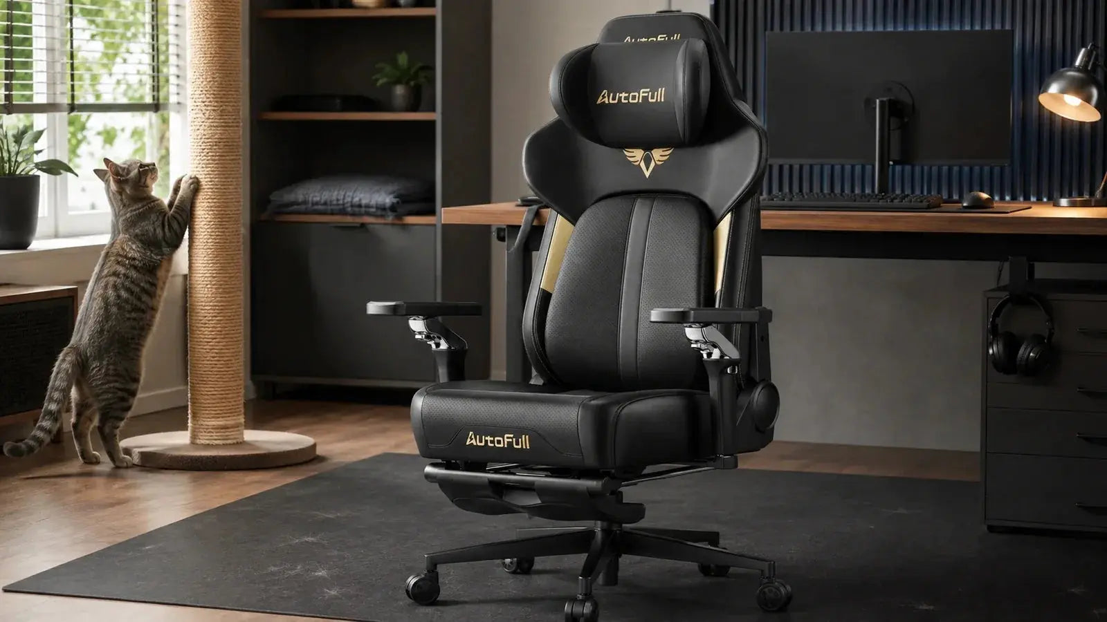 AutoFull gaming chair beside a cat scratching post on a clean home office floor mat